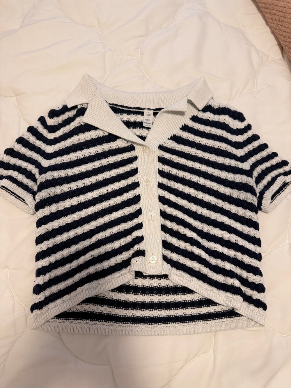 Old Navy Navy and White Striped Short‑Sleeve Cropped Polo